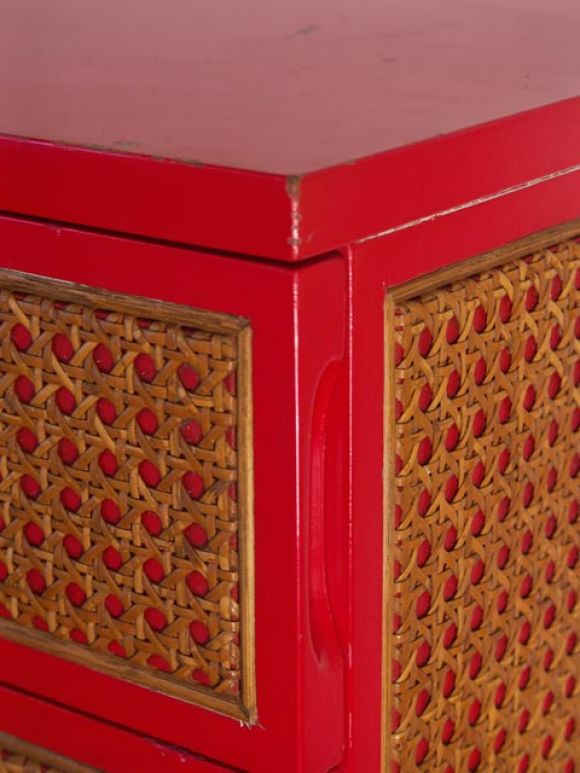 Tall Chest in red Lacquer and Cane by Directional