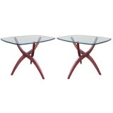 Pair of walnut and Glass Tripod End Tables