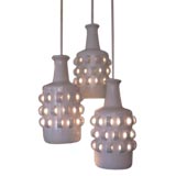 Three Glazed Ceramic Bottle Form Hanging Lamps