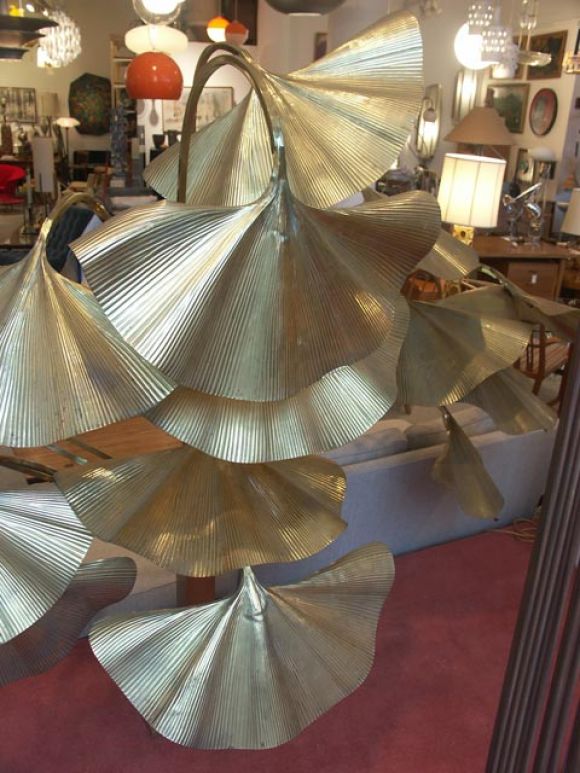 Truly spectacular and enormous floorlamp. Numerous brass branches ending in large ginko leaves. All signs would point to French production in the 1970's. Difficult to convey it's scale in photos, measuring 5.5' tall and over 8' wide. Beyond fabulous.