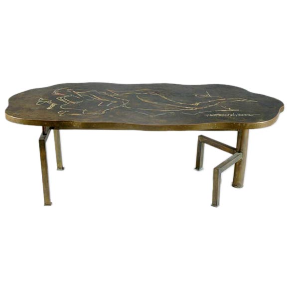 Unusual Freeform Bronze and Enamel Coffee Table by Laverne