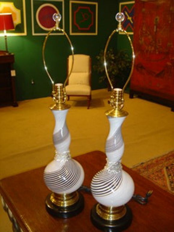 Pair of table lamps by Dino Martens for Aureliano Toso. White with black and gold stripes 