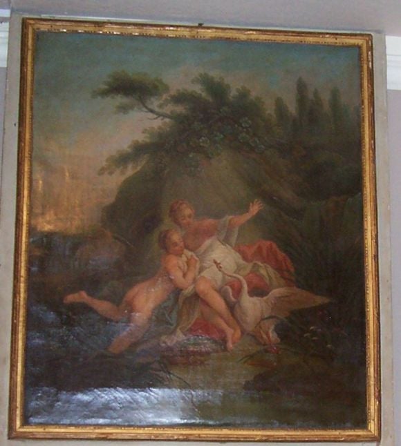 Napoleon III Carved Trumeau; Blanc-de -Trianon painted and parcel gilt. Oil painting “Leda, the Swan and Attendant” in manner of Francois Boucher