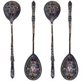 Antique 19thc Set of Twelve Russian Enameled Silver Demitasse Spoons