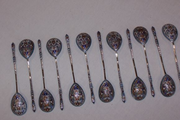 19thc Set of Twelve Russian Enameled Silver Demitasse Spoons In Good Condition In San Francisco, CA