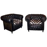 Pair of Charles X Style Tufted Black Leather & Zebra Club Chairs