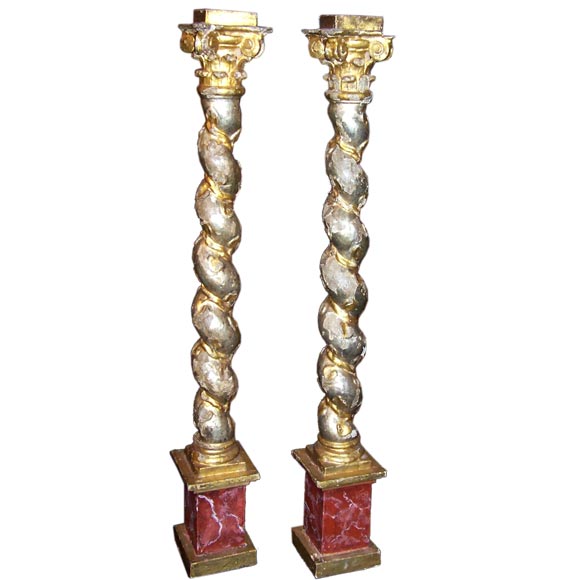 Pair of Italian Baroque Period Silvered & Gilt Solomonic Columns