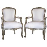 Pair of French Louis XV Style  Paint and Parcel Gilt Fauteuils