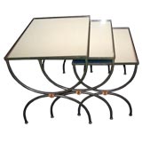 Set of Three Neoclassical Style Mirror Topped Iron Nesting Table