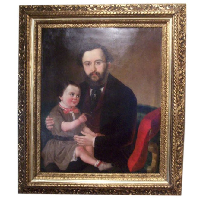 American School Oil on Canvas Portrait of a Gentleman and Child For Sale