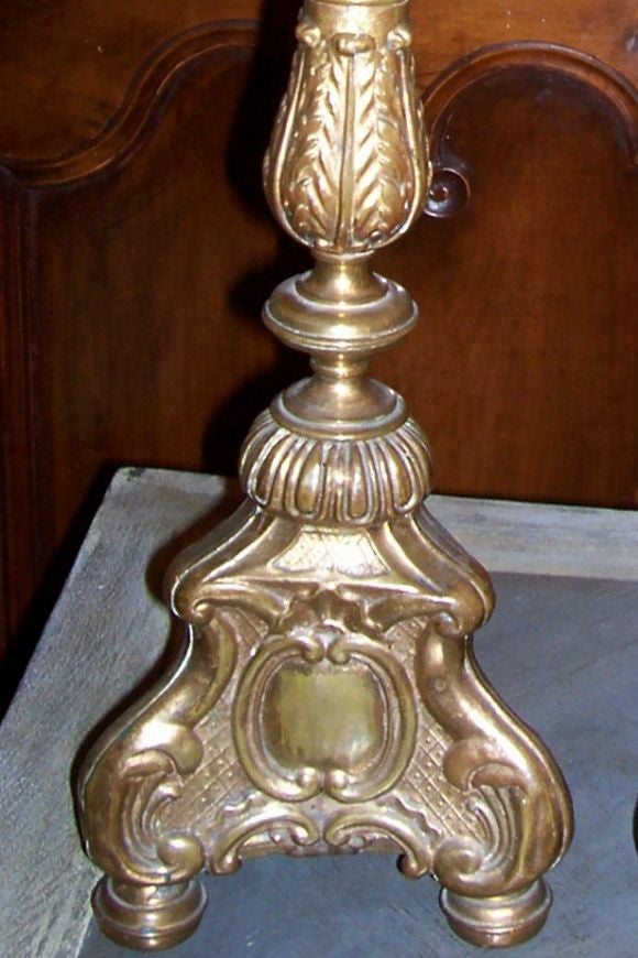 18th Century and Earlier Pair of Swedish Baroque Gilt Brass Pricket Sticks