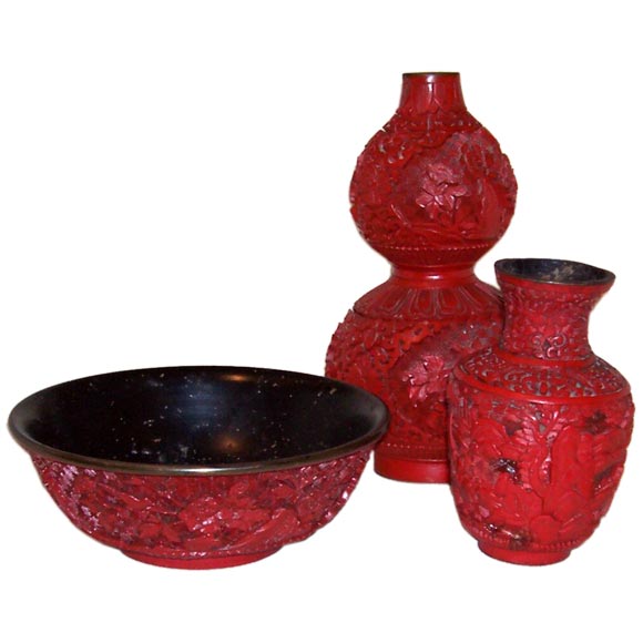 Group of Two Chinese Carved Red Lacquer Decorations For Sale