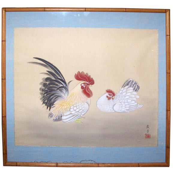 Chinese Painted Silk Panel of a Rooster and a Hen For Sale