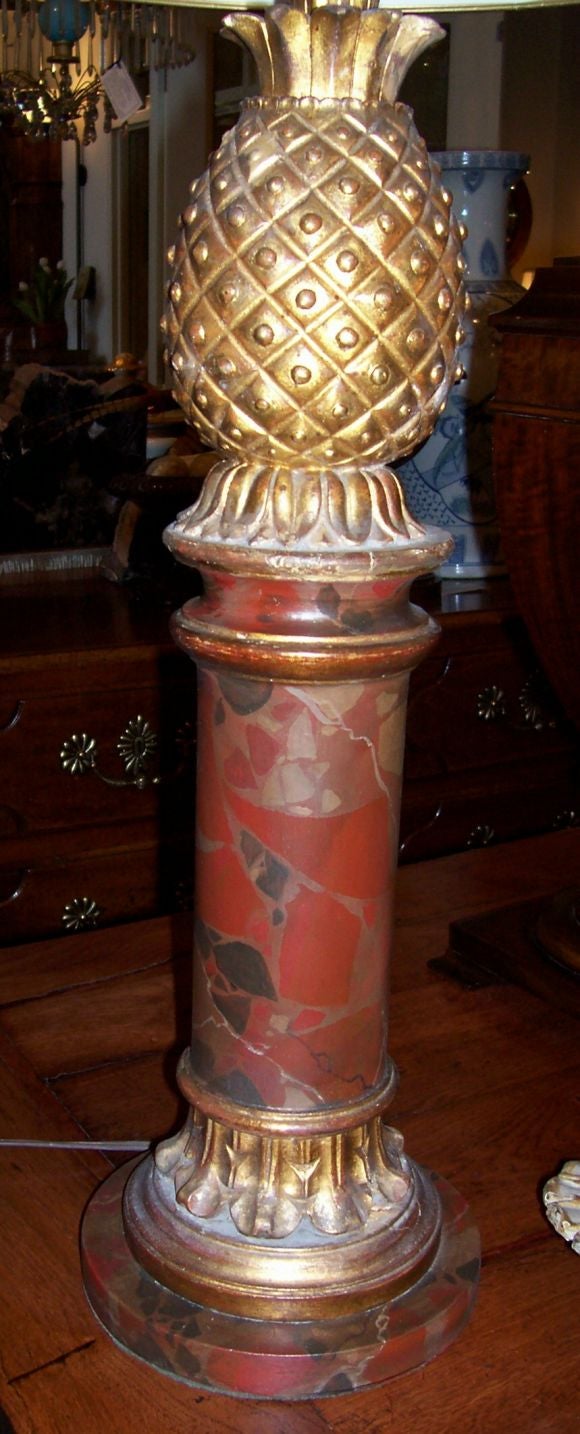 Pair of Neoclassical Style Faux Marble & Pineapple Carved Lamps