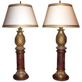 Pair of Neoclassical Style Faux Marble & Pineapple Carved Lamps