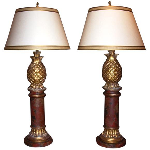 Pair of Neoclassical Style Faux Marble 
Pineapple Carved Lamps