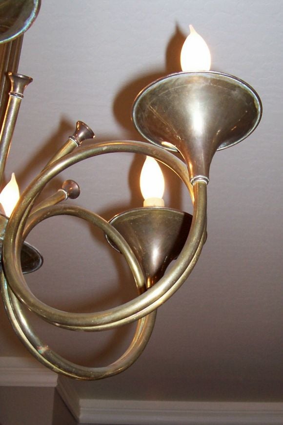 Metal Brass Six Light ‘Hunting Horn’ Chandelier