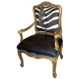 Rococo Style Zebra & Leather Upholstered Giltwood Fauteuil