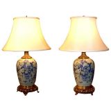 Pair of Blue and White Decorated Celadon Jars Mounted as Lamps