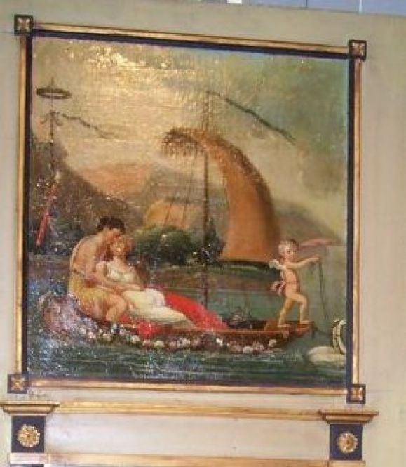 The rectangular mirror plate flanked by paterae headed stop fluted pilasters, the paneled outer frame centering a painted panel depicting classically dressed lovers and putto in a garlanded sailboat pulled by swans, the outer painted a pale olive