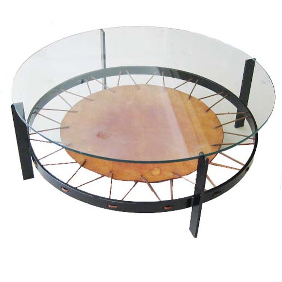 Round Cocktail Table With Leather Shelf