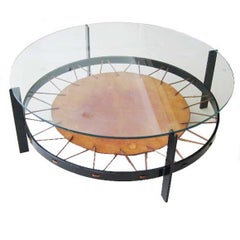 Round Cocktail Table With Leather Shelf