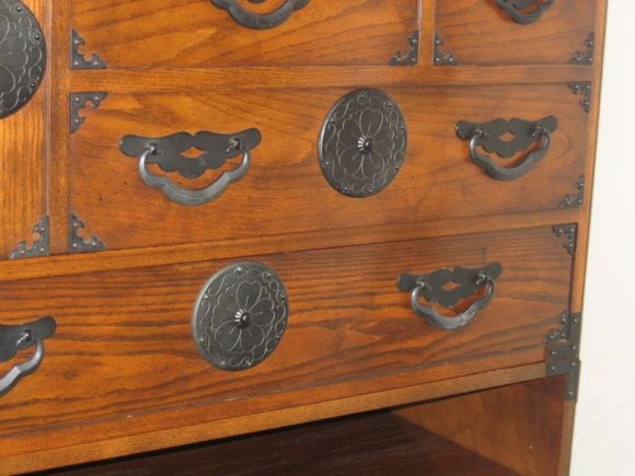 Large Modular Decorative Baker Unit in a Japanese country style.  Five separate pieces on single base. Can be re-arranged in different configurations.  Fantastic Japanese-inspired metal hardware.