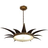 Spanish 1940's Gilt Metal Sun Fixture with Frosted Glass