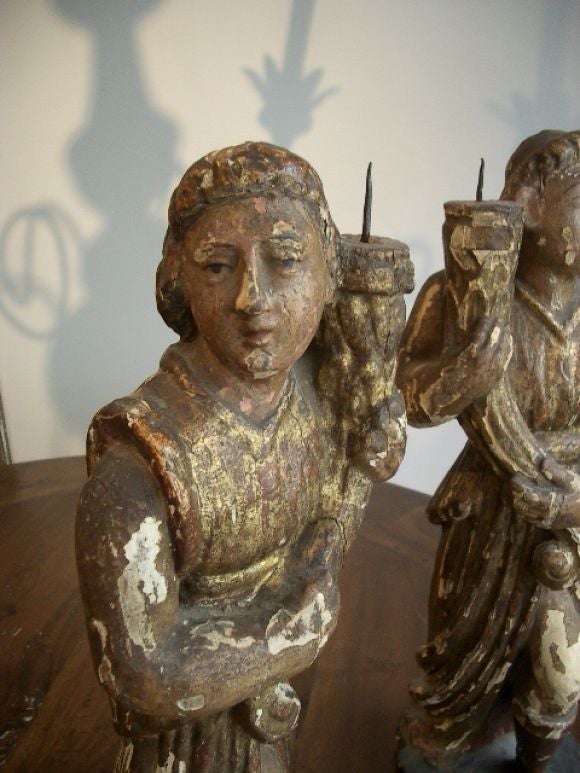Pair 17th Century Carved Italian Figural Candlesticks