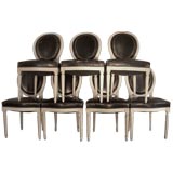 Set of Eight  Louis XVI Style Painted Chairs with Black Leather