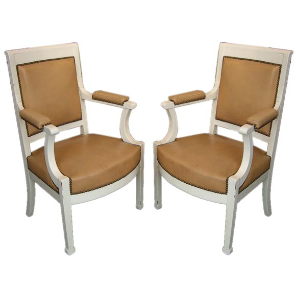 Pair French White Lacquered 1950s Arm Chairs