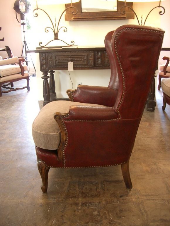 French Pair Red Wingback Library Chairs