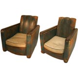 Pair Blue-Green Leather Deco Club Chairs
