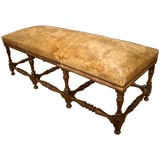 Antique Pair of Leather Benches with Walnut Frames