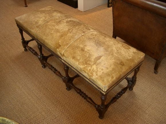 Pair of Leather Benches with Walnut Frames