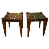 Pair of Leather and Teak Low Stools