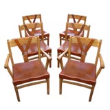 Set of Six American Wood & Leather Strap Chairs