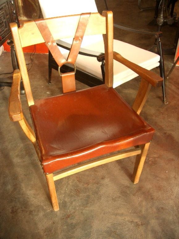 Set of Six American Wood & Leather Strap Chairs