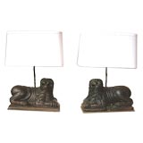Pair Carved Wood Lion Lamps