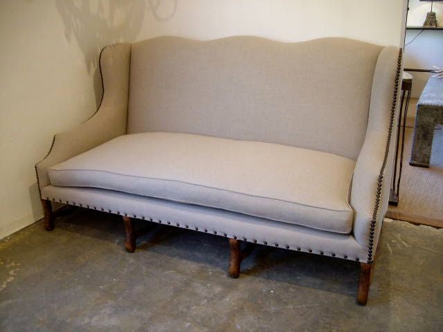 Walnut Framed Sofa Upholstered in Linen