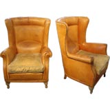 Pair Spanish Wingback Leather Chairs