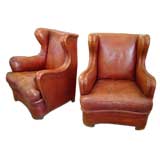 Pair Stylish Spanish Leather Wingback Armchairs
