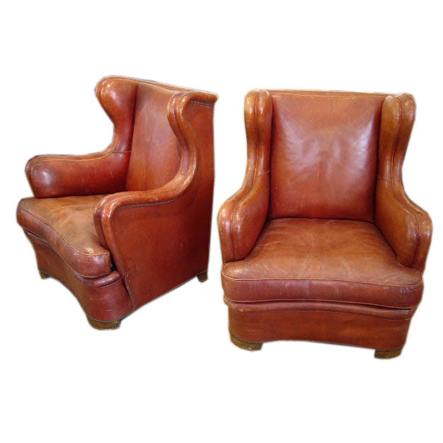 Pair Stylish Spanish Leather Wingback Armchairs