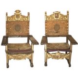 Pair Spanish Walnut, Gold Leaf and Painted Armchairs