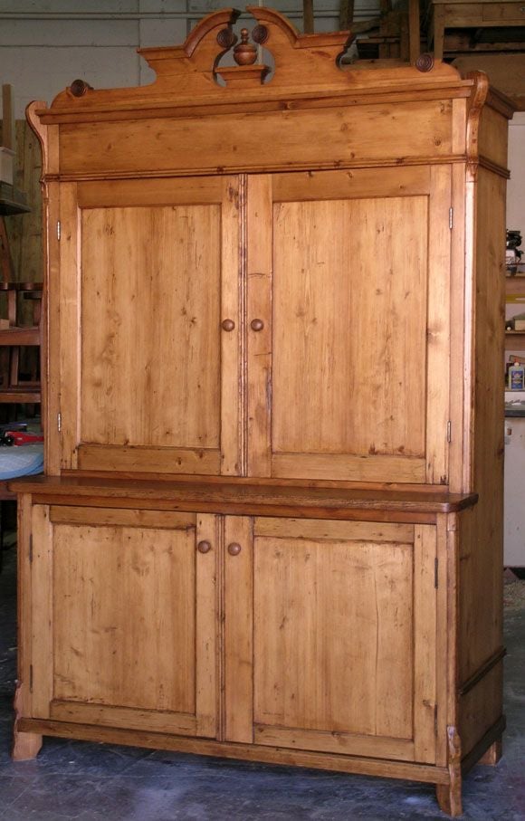 Step back hutch in pine with lots of character. We have added an adjustable shelf in the upper cabinet. Could be used for housing a large wide screen TV.<br />
<br />
Upper shelf is 48.25 x 13, lower shelf is 48.25 x 19.5.<br />
<br />
More