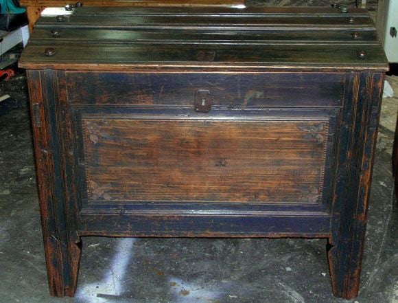 Large hope chest or dowry chest with original blue paint. Has turned knobs across the top and interior candle box. Top stays open without support. More pictures available upon request.