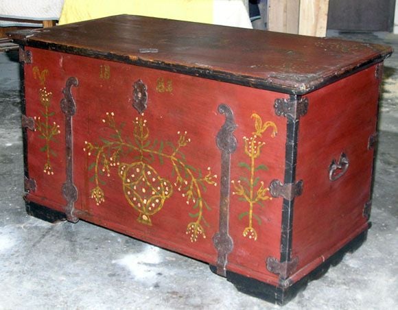 All original folk art painted chest with great hardware. The stylized 