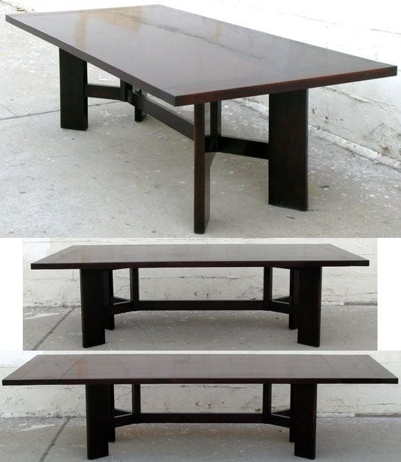 This trestle table in contemporary design, is made from 8/4 solid walnut with premium satin finish. It extends from 8ft to 10ft in length but can be made in any size. Extensions are optional, image #10 shows a 120 in. x 44 in. version without