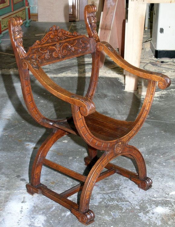 Danish Savonarola Chair in Oak, Renaissance Revival For Sale
