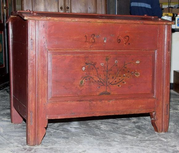 Older style chest (1780-1820) that was repainted in 1869 to celebrate a wedding. Decorated with a symbolic 